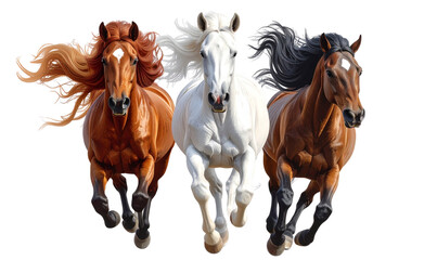 Front-Facing Trio of Horses in Motion, Transparent Background, PNG