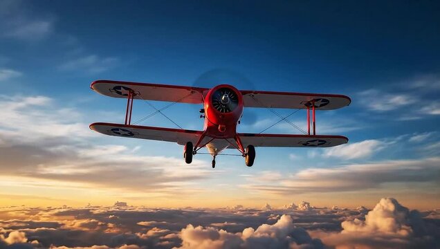 Flying Red Biplane Above Clouds at Sunset