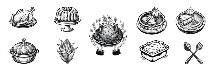 A collection of black and white illustrations featuring Thanksgiving food items like turkey, corn, pies, and a bundt cake.