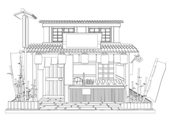 Japanese restaurant contour drawing in black and white, featuring a traditional house with a roof, windows, and a pole surrounded by plants.