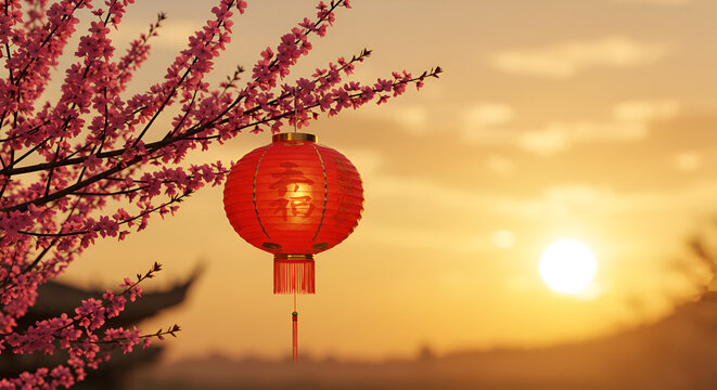 Chinese New Year celebration with red lantern and cherry blossoms at sunset
