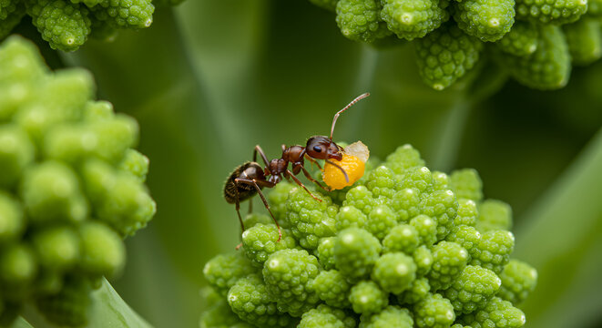 Close-up of an Ant Carrying Food on a Romanesco Broccoli Floret, Showing Detail
