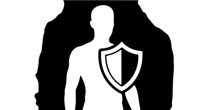 Empowerment symbol with human silhouette and shield, offering protection, security, and strength for health, insurance and wellness concepts