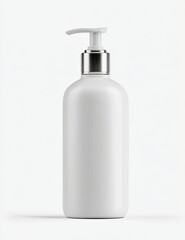 White plastic bottle with silver pump.  Empty, blank product container, isolated against white background.  Clean, modern design