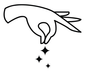 A hand sprinkling glitter or stars with thumb and index finger in a black and white line drawing style vector