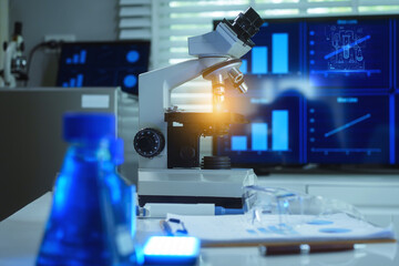 This modern laboratory setup features a brightly lit microscope on a desk, a blue chemical flask in the foreground, and dual screens displaying scientific research data charts.