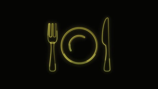  Fork and Knife with Plate Icon Neon Seamless Loop 4K with Black Background Animated Promotional Typography for Video Editing