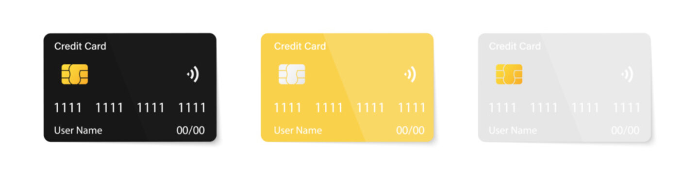 Different credit card collors. Credit cards realistic templates. Blank plastic card templates. Realistic credit cards mockups isolated on transparent background. Vector graphic EPS 10