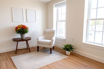 Mindful Relaxation & Mental Health Concept. Cozy interior with armchair, table, and natural light through windows.