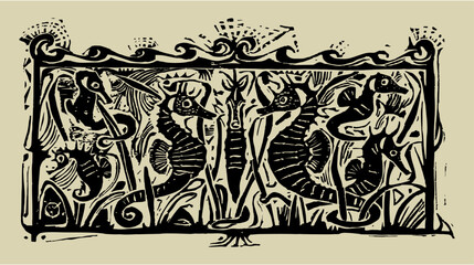 Vintage woodcut style sea horses