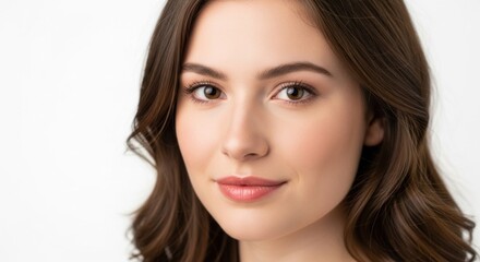 Obraz premium A young woman with long, wavy brown hair, wearing a white top, standing in front of a white background.