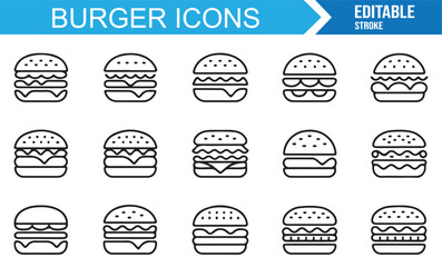 Line burger icons, editable stroke vector design for fast food restaurant and menu concept graphics