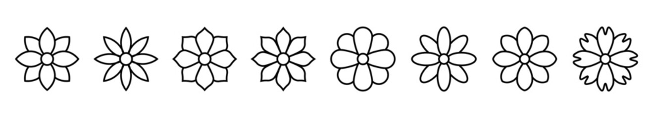 Black linear flower icons. Flower vector icon set. Outline simple flower shape. Floral symbol. Vector graphic EPS 10
