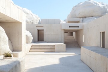 Modern Architectural Design with Minimalist Structures and Natural Rock Formation