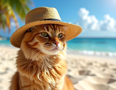 cat with hat on the tropical beach. 
