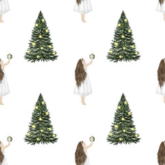 Christmas tree watercolor seamless pattern. Hand-drawn trees. Perfect for printing on fabrics and Christmas textiles.