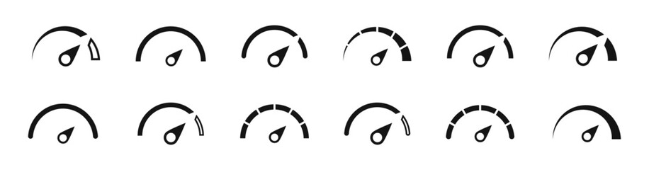 Speedometer icon set. Speedometer and tachometer icons set. Dashboard icon collection. Performance indicator signs. Control panel icons. Vector graphic EPS 10