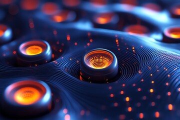 Futuristic Digital Circuit Board with Glowing Nodes and Data Flow in Dark Blue and Orange Colors