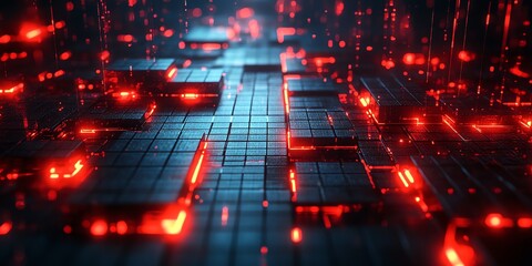 Futuristic Digital Circuit Board with Glowing Red Lights in Technological Environment