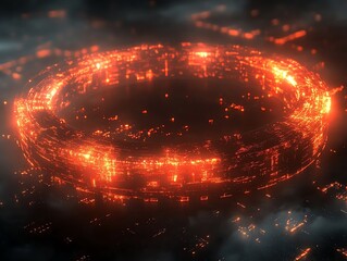 Futuristic Digital Circular Data Ring Glowing Bright Orange in Dark Environment