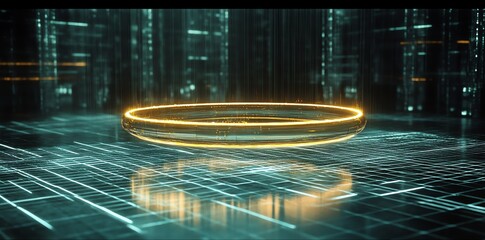 Futuristic Digital Data Circle on High Tech Grid in Dark Environment