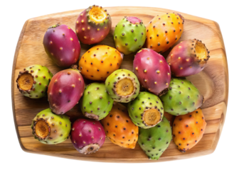 A vibrant assortment of fresh prickly pear cactus fruits displayed on a wooden board isolated on transparent background