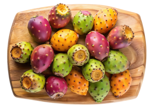 A vibrant assortment of fresh prickly pear cactus fruits displayed on a wooden board isolated on transparent background