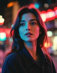 Woman in neon-lit street portrait with cool blue and pink tones
