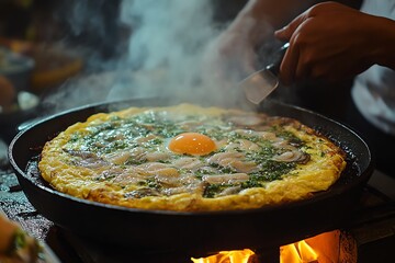 Cooking Egg and Seafood Omelette in Black Pan Over Open Flame