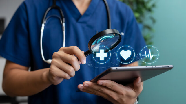 A digital healthcare professional in navy scrubs using a tablet with a stethoscope and magnifying glass, surrounded by glowing blue medical icons of heart, cross, and EKG network connection.