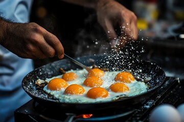 Chef Cooking Sunny Side Up Eggs in Black Skillet with Steam and Splash in Professional Kitchen