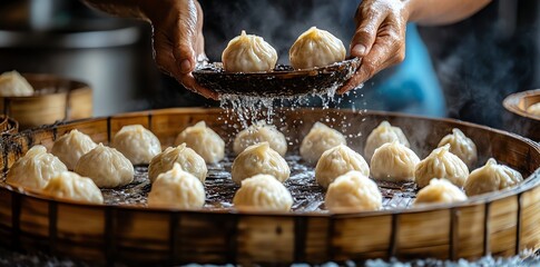 Chef Hands Preparing Steamed Dumplings in Traditional Bamboo Steamer