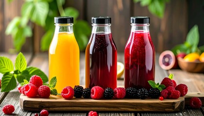 Three colorful beverage bottles, vibrant fruits, and fresh herbs