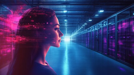 Profile of a woman with digital elements against the backdrop of a server room. Suitable for topics related to digitalization, artificial intelligence, future technologies, and data analytics.