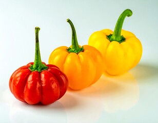 Three colorful peppers arranged in a row