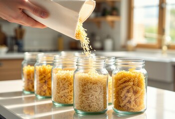 Hand pouring dry pasta into glass jars on a bright kitchen counter