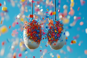Colorful Confetti Cake Pops Hanging in Bright Blue Background for Celebration and Party Events