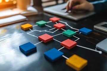Colorful Flowchart Diagram on Dark Wooden Table in Office Environment