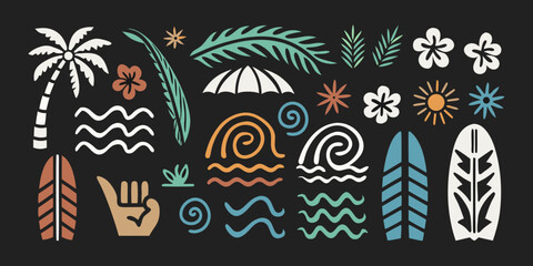 Obraz premium Collection of tropical and surfing elements with palm trees waves and surfboards