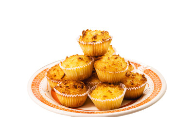 Typical sweet from Brazil and Portugal, called queijadinha or queijada. Homemade dessert, pastry from bakery or traditional confectionery