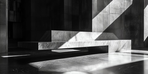 Minimalist Modern Concrete Bench in Indoor Space with Dramatic Light Shadows