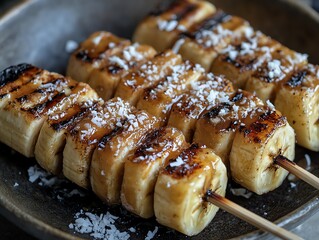 Banana Skewers with Caramelized Sugar and Chocolate Drizzle on Black Plate