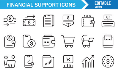 Banking and finance icons collection, linear editable vector set of payment, chart, and economy illustrations