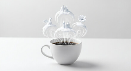 A white cup of coffee with fantasy land rising from the steaming brew