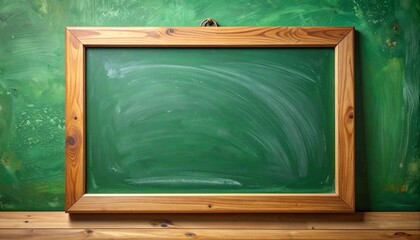 Clean green chalkboard with wooden frame on white wall.