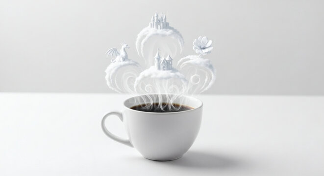 A white cup of coffee with fantasy land rising from the steaming brew