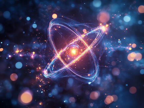 Futuristic Atomic Model with Glowing Particles and Light Trails in Deep Space - Powered by Adobe