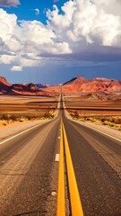 Straight road through desert landscape