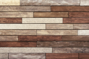 A wooden surface composed of different shades of planks. The colors range from light beige to dark brown, creating a rustic look.AI generated.