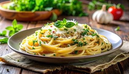 Close Up of Spaghetti Dish Topped with Herbs and Cheese on Rustic Wooden Table in Natural Light